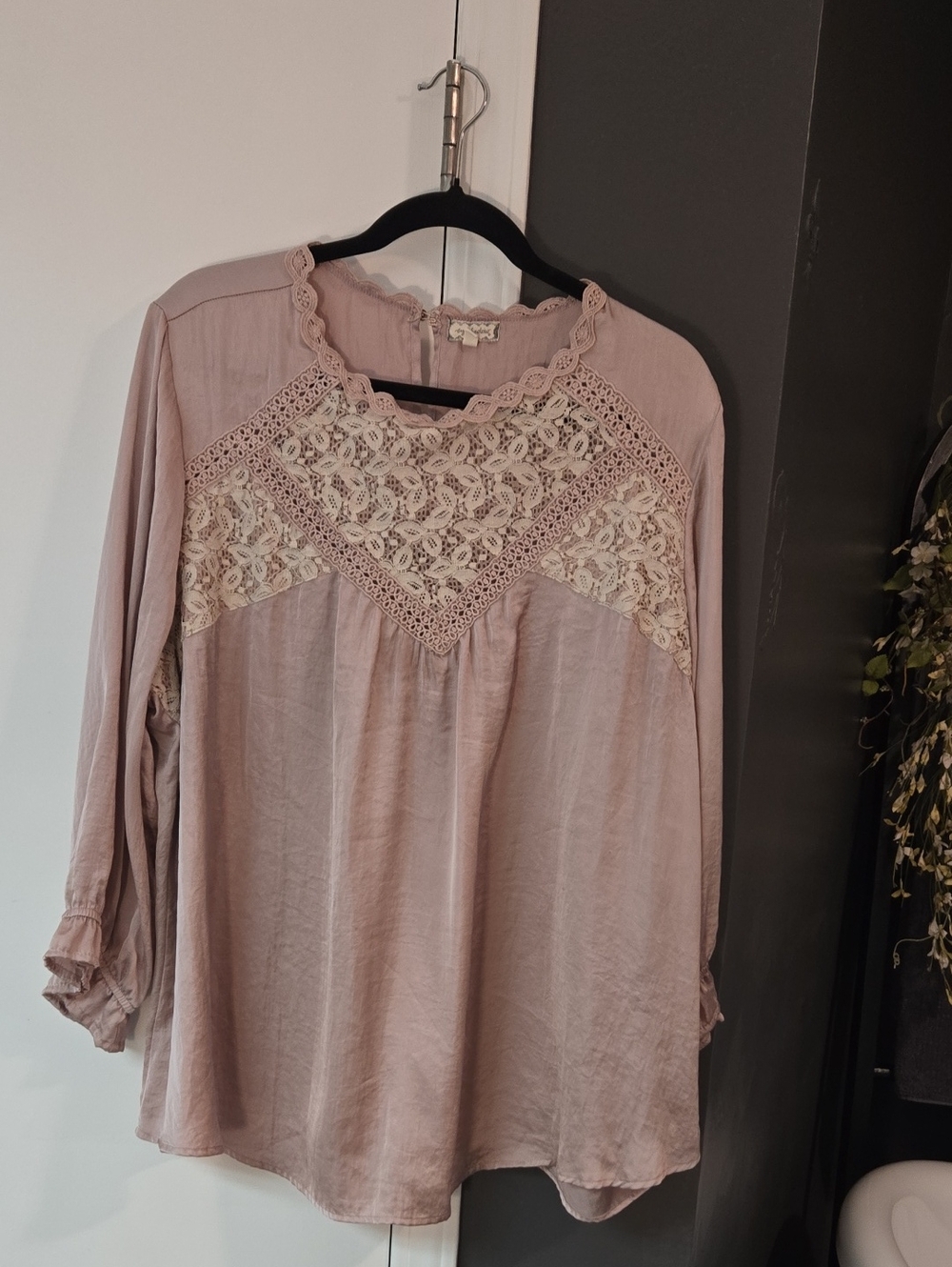 Eyeshadow Blush Pink Lace Yoke Long Sleeve Blouse